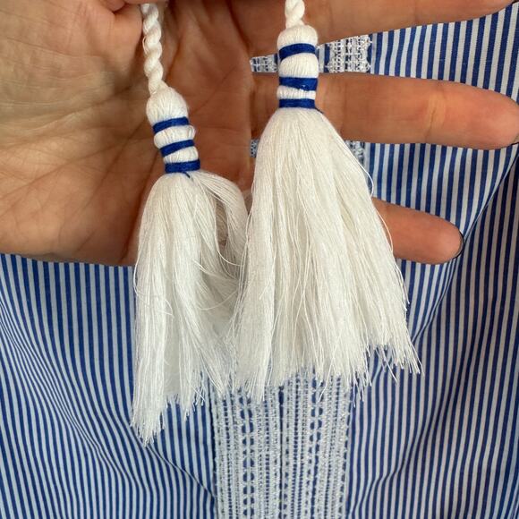 Gretchen Scott Blue/White Seersucker Odessa Tassel Tunic Shift Dress Size Small - Picture 4 of 13